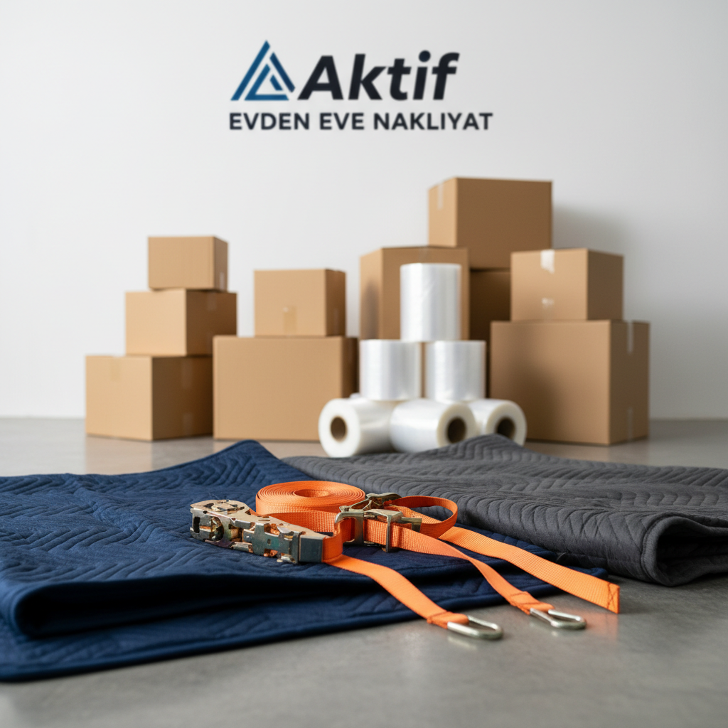 A close-up, detailed view of professional packing materials used in home moving: neatly folded thick moving blankets in navy blue and gray, heavy-duty ratchet straps, rolls of clear stretch wrap, and stacks of new, uncreased cardboard boxes of different sizes. The items are arranged on a spotless concrete warehouse floor beside a white wall featuring a subtle “Aktif Evden Eve Nakliyat” logo. Soft studio lighting from above creates gentle highlights on the plastic surfaces and rich texture on the fabrics, with a shallow depth of field emphasizing the tools in the foreground. The photographic realism and centered composition convey care, quality, and attention to detail in transportation services.