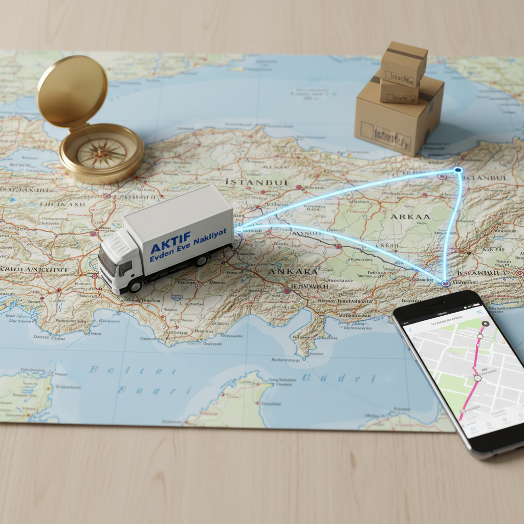 A cross-country moving concept image showing a detailed, realistic map of Turkey spread out on a light wooden table, with a miniature white moving truck branded “Aktif Evden Eve Nakliyat” placed near Bursa and a subtle route line extending to major cities like Istanbul, Ankara, and Izmir. Around the map lie a compass, a sleek smartphone displaying a navigation app, and a small stack of labeled miniature moving boxes. Soft overhead lighting provides even illumination, with gentle shadows adding depth. Photographed from a top-down perspective in photographic realism, the composition is clean and balanced, visually communicating nationwide coverage and well-planned logistics, with a precise, professional mood and no human figures.