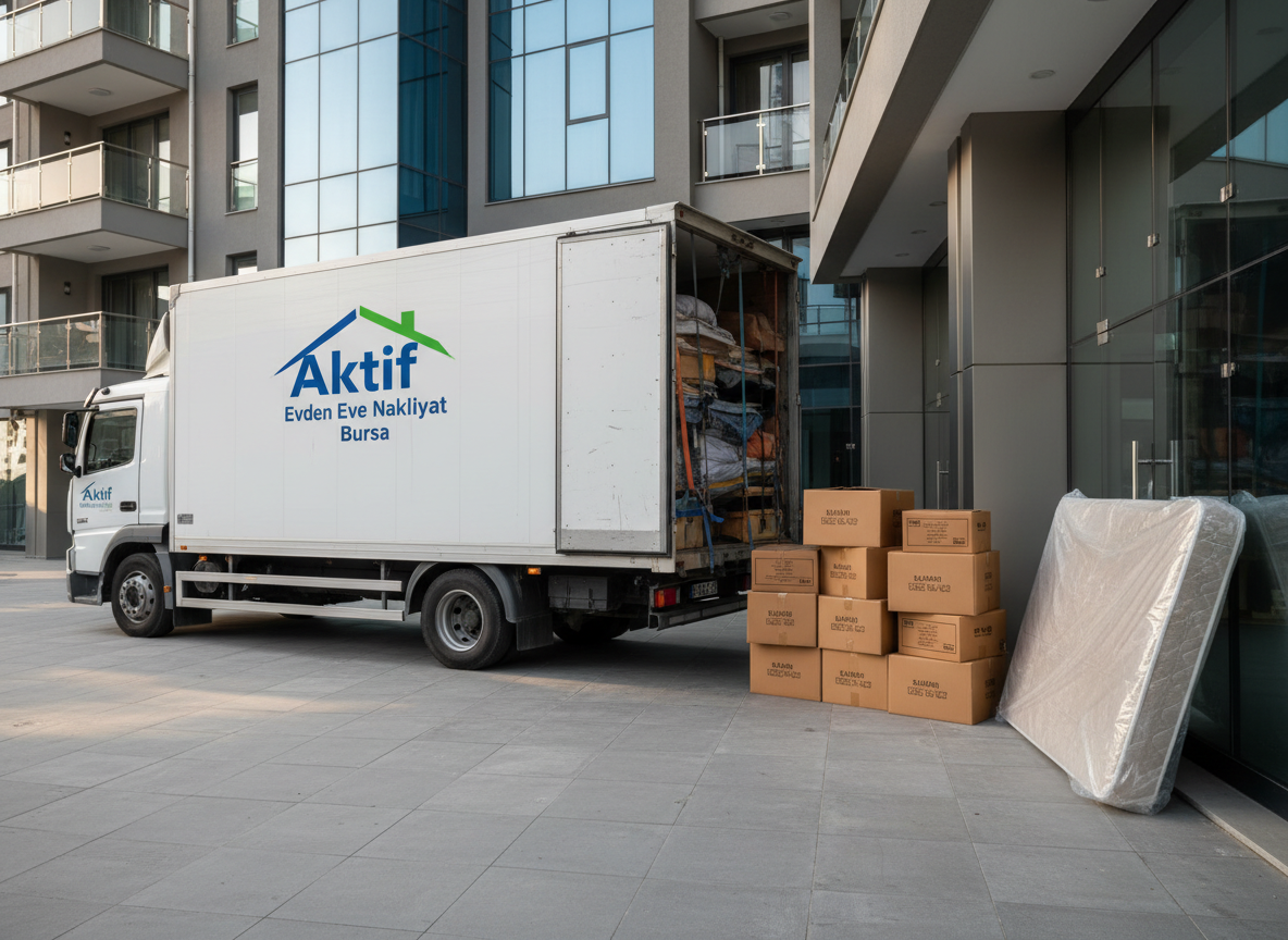 A modern, meticulously packed white moving truck with the logo “Aktif Evden Eve Nakliyat Bursa” clearly printed on its side, parked in front of a contemporary apartment building entrance. Sturdy, neatly stacked cardboard boxes with printed room labels line the building’s clean, tiled entryway, along with a securely wrapped beige fabric sofa and plastic-covered mattress leaning upright. Soft late-morning natural light brightens the scene, creating gentle, realistic shadows under the truck and boxes. Photographed at eye level with photographic realism and sharp focus, the composition uses the rule of thirds to balance the truck and building, conveying professionalism, reliability, and nationwide service without any human presence, ideal as a hero image for a moving company website.