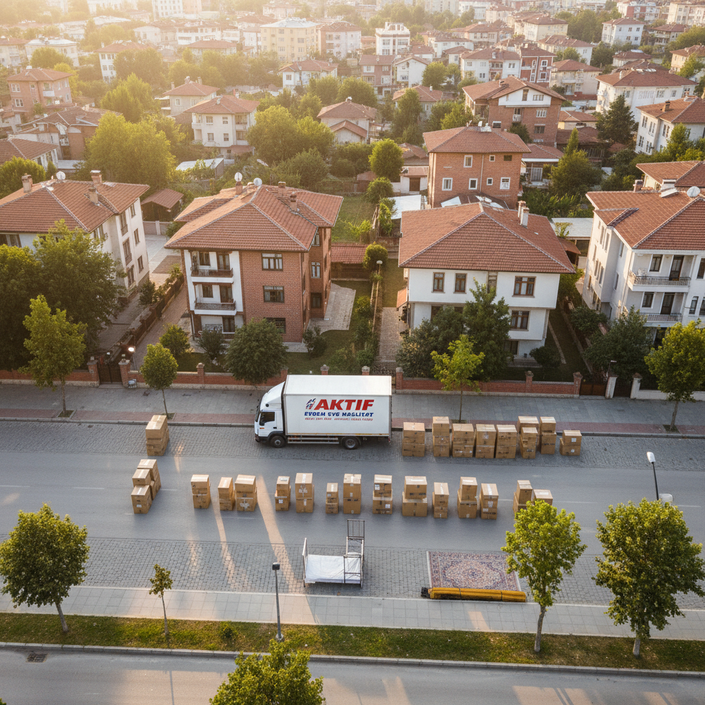 An aerial, bird’s-eye view of a residential neighborhood in Bursa, showing a clean white moving truck from Aktif Evden Eve Nakliyat carefully parked alongside a tree-lined street. Around the vehicle, neatly arranged moving boxes, a disassembled bed frame, and a rolled-up rug await loading on a wide pavement, all placed with clear, methodical spacing. Warm, late-afternoon sunlight creates long, soft shadows from nearby buildings and trees, adding depth and realism. The image is captured with photographic clarity and a wide-angle composition, emphasizing the scale of the operation and the company’s ability to serve entire neighborhoods across Turkey, with an efficient, calm, and trustworthy atmosphere.