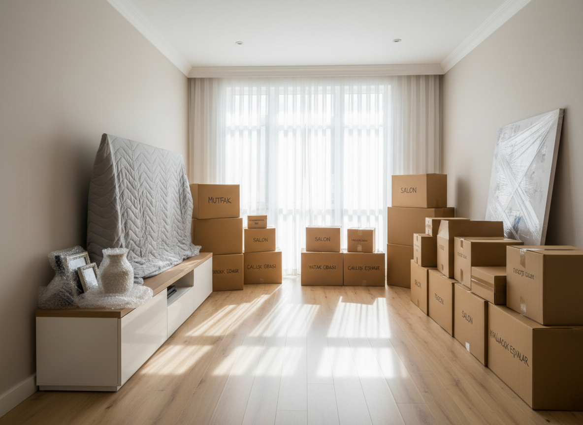 A bright, orderly interior shot of a spacious living room mid-move, filled with uniform brown moving boxes labeled in Turkish such as “Mutfak”, “Salon” and “Yatak Odası” in clean black marker. A carefully wrapped flat-screen TV stands against a wall, while fragile items are protected with bubble wrap on a low, minimalist white TV unit. Sunlight filters through large windows with sheer curtains, casting soft, diffused light and subtle shadows across a light oak laminate floor. Captured with photographic realism from a slightly elevated angle, the scene has a calm, organized mood, showcasing a stress-free, professional moving process, with a clean, modern aesthetic and no people visible.