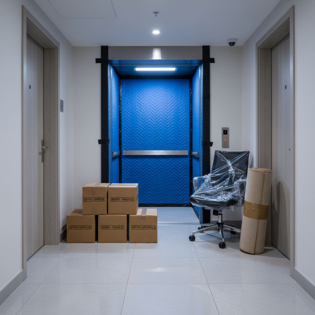 An immaculate corridor inside a modern apartment building, with an open elevator whose interior is fully lined with thick protective blue moving blankets and temporary corner guards. In front of the elevator doors, several medium-sized, clearly labeled moving boxes stand in an orderly row on shiny, light gray tiles, next to a carefully shrink-wrapped office chair and a rolled carpet secured with tape. Cool, neutral overhead lighting reflects softly off the metal elevator doors, creating a professional, trustworthy ambiance. Captured from eye level with photographic realism and strong vertical lines, the composition highlights care for property and building protection during moves, emphasizing meticulous, damage-free service.